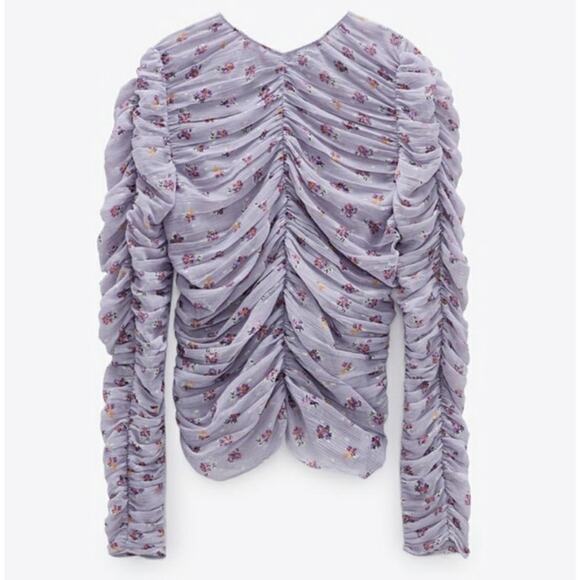 Zara Mauve Printed Ruched Blouse Purple Floral Small NWT - Picture 1 of 9